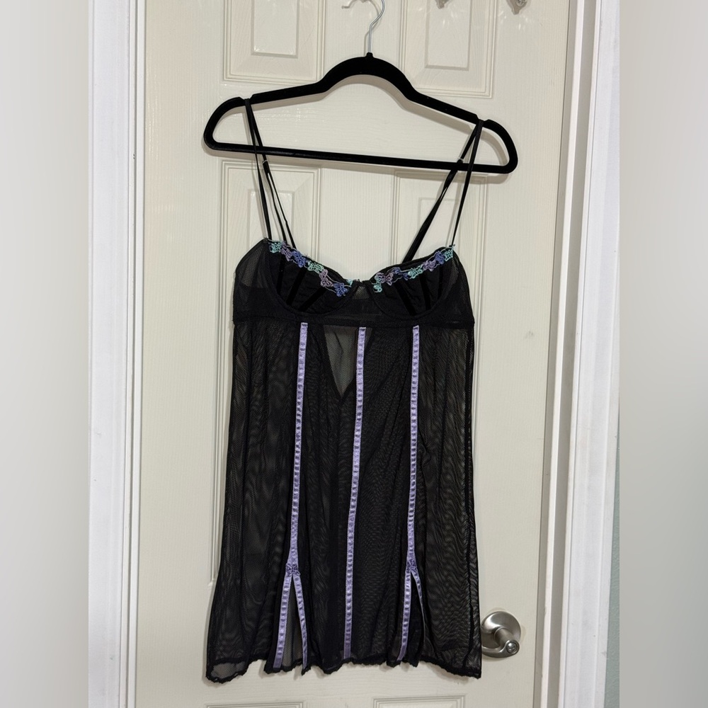 Vintage Fredrick’s of Hollywood Black and Purple Mesh Babydoll Slip Dress XL